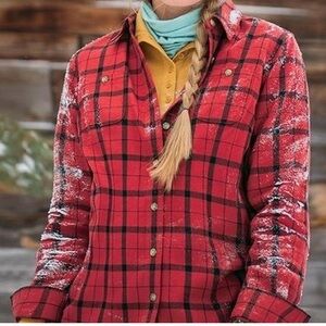 Duluth Trading Co Red and Navy Plaid Checkered Snap Shirt Jacket inside Fleece